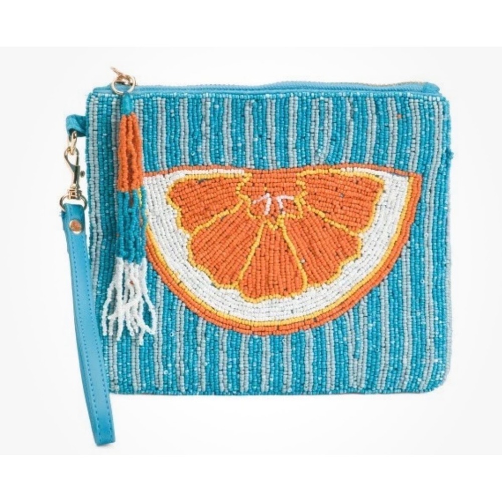Sincerely Jules Orange Citrus Beaded Wristlet Pouch NWT